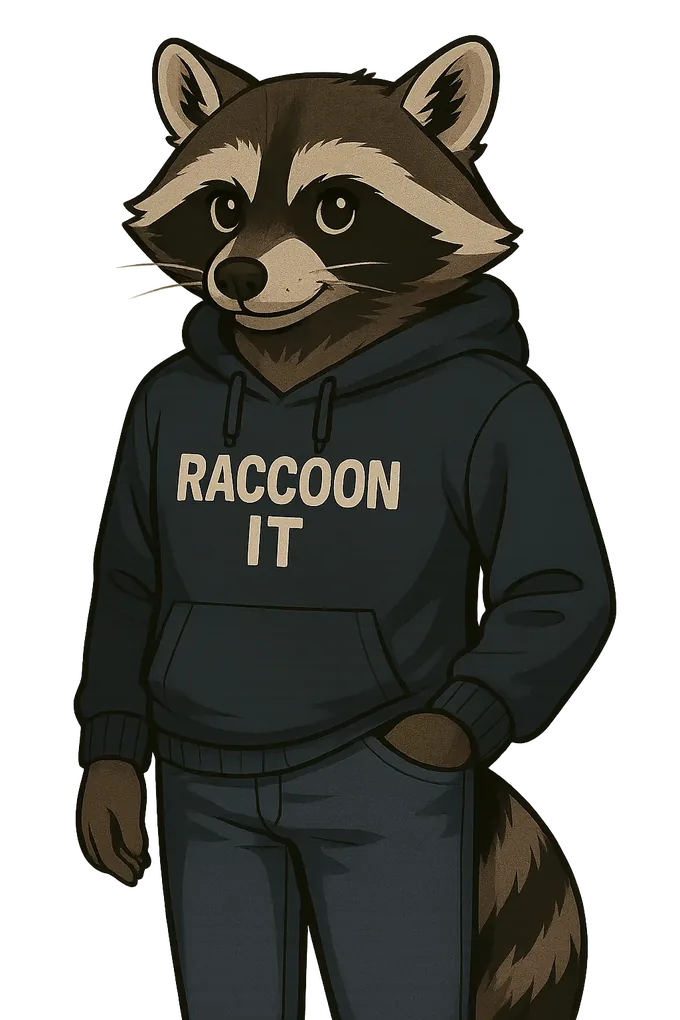 Rocky, das Waschbär-Maskottchen von Raccoon IT, im Hoodie
